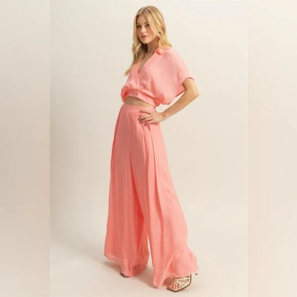 Kimono Sleeve Crop Top and Wide Leg Pants Set - Picture 5 of 5